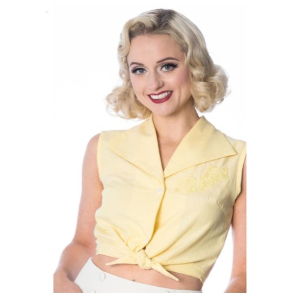 NWOT Banned Retro 1950's Floral Days Yellow Embroidered Crop Vintage Shirt XS